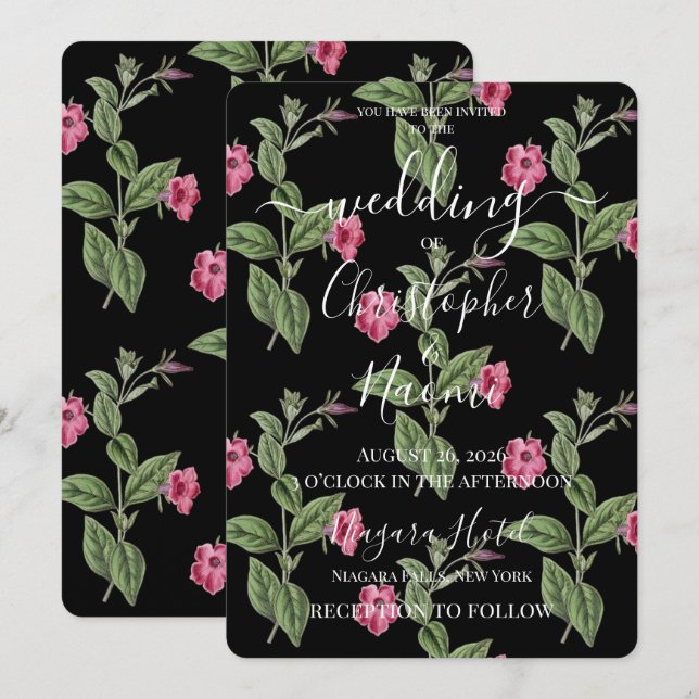 Convite PERSONALIZAR: Flores Rosa Retrô em Preto (Frente/Verso)
