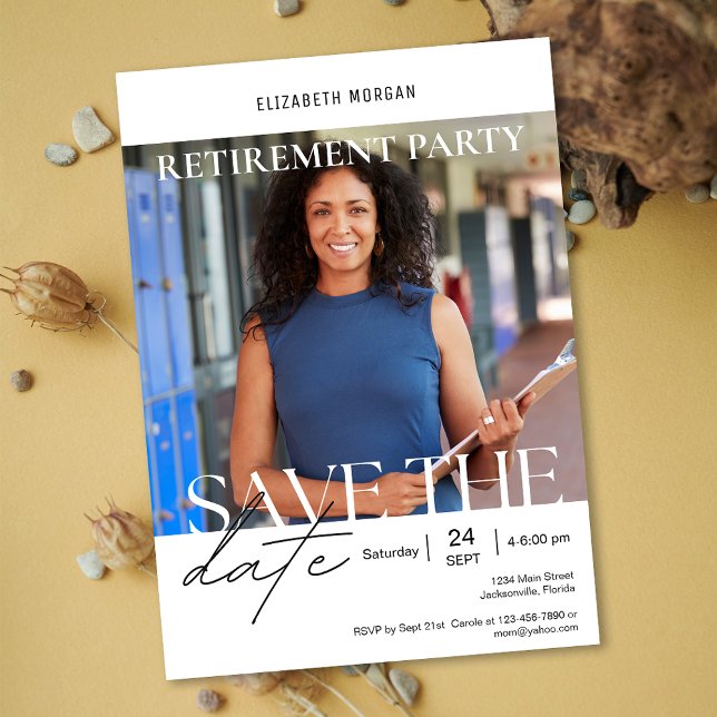 Convite Personalizar Foto Moderna do Participante de Apose (Custom Photo Modern Retirement Party Save the Date Invitation)