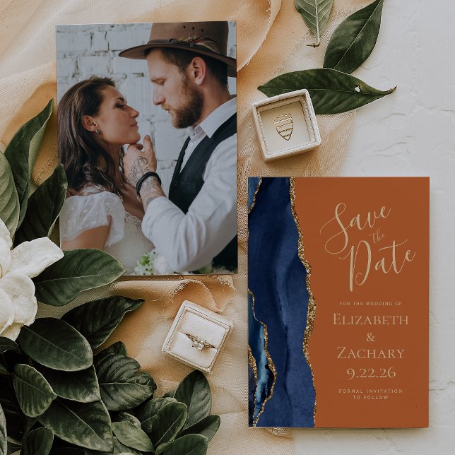 Convite Personalizar imagem Agate Blue Dourado Rust Salvar (Criador carregado)