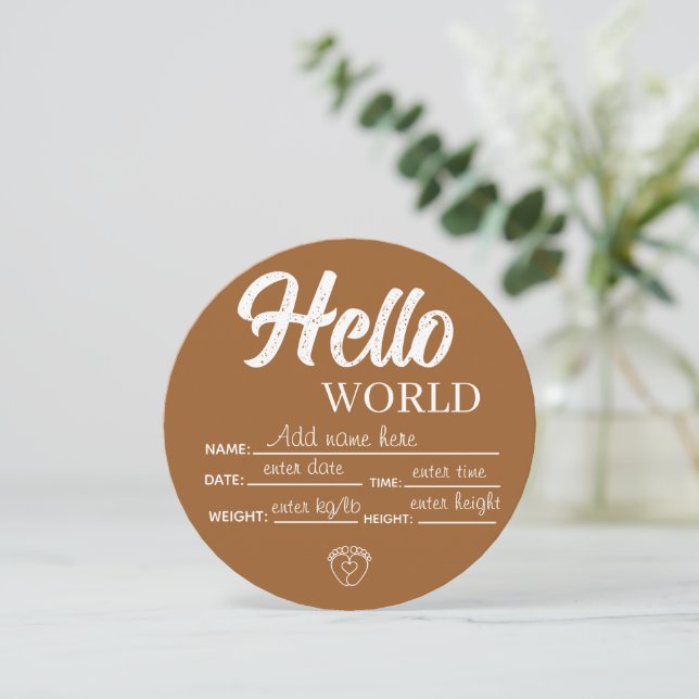 Convite Personalizar Modelo de Placa de Bebê Olá Mundo Cus (Em pé/Frente)