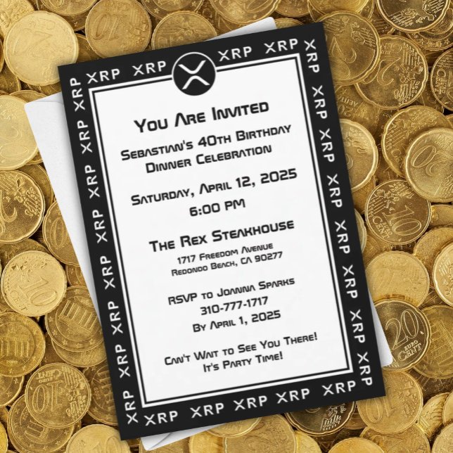 Convite Personalizar Moeda de Criptografia Preta e Branca  (XRP Black and White Personalized Party Invitation for
Crypto Currency Enthusiasts)