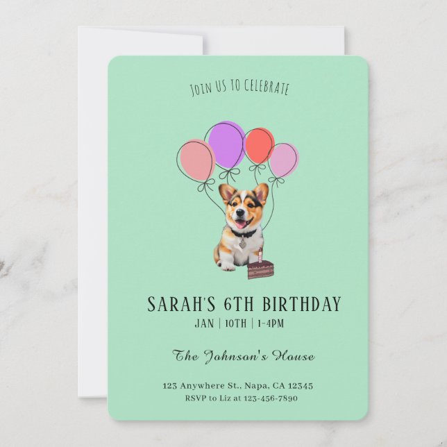Convite Personalizável de Aniversário de Corgi com (Frente)