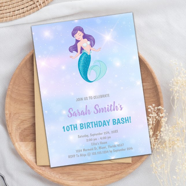 Convite personalizável para a Festa do Oceano Glit (Purple shine Mermaid Birthday Invitations)