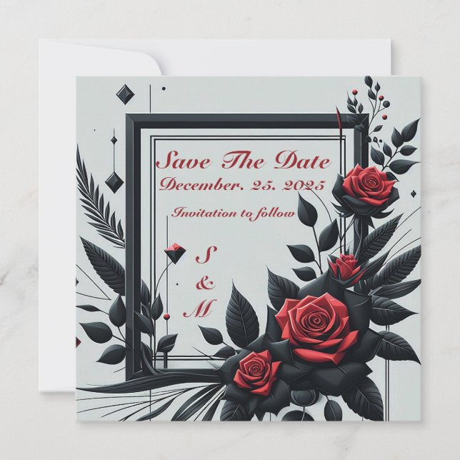 Convite Personalizável Preto e Vermelho Floral 3D (Frente)
