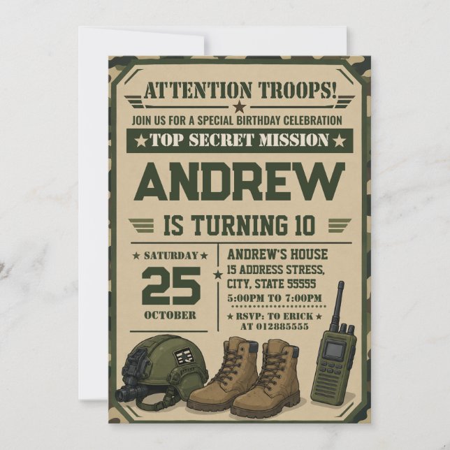 Convite Personalize Aniversário do Exército Militar (Frente)