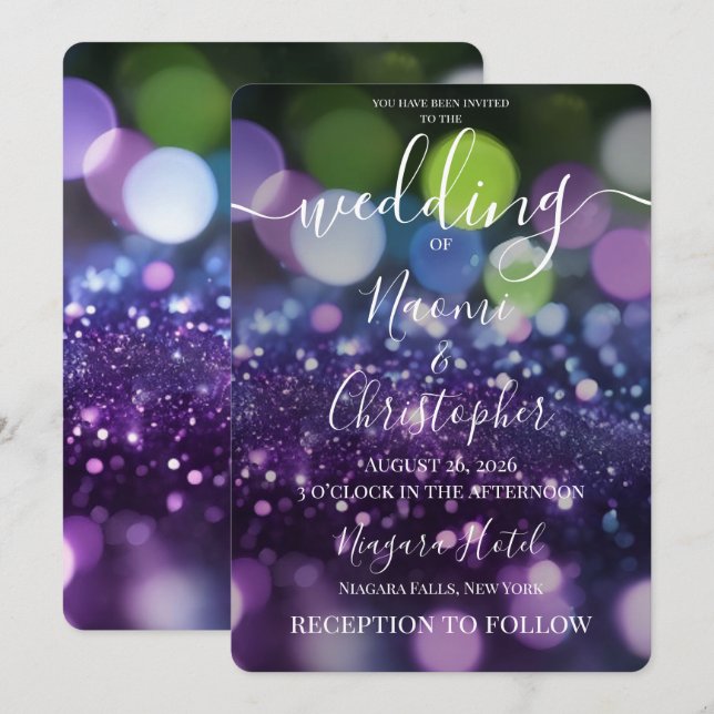 Convite Personalize: Casamento Bokeh Roxo Verde (Frente/Verso)