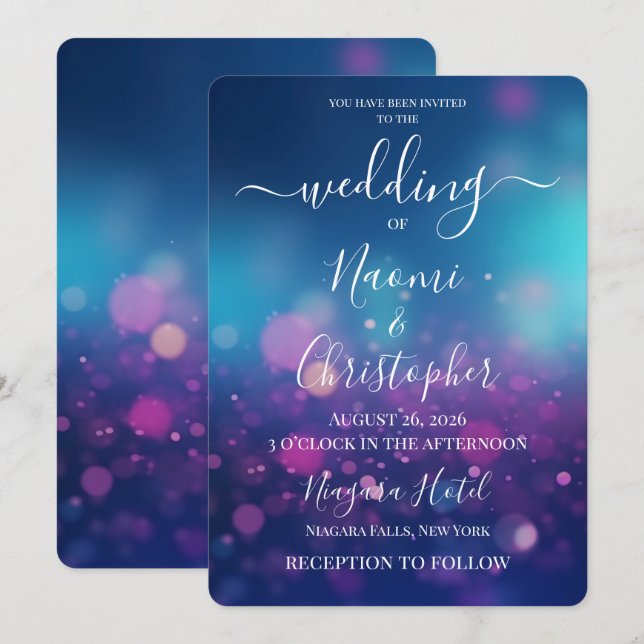 Convite PERSONALIZE: Casamento com Bolhas de Bokeh Roxo Az (Frente/Verso)
