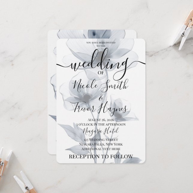 Convite Personalize: Flores Azuis Translúcidas Casamento (Frente/Verso In Situ)