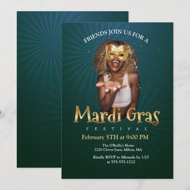 Convite Personalize Foto Máscara de Mascarada Dourada Mard (Frente/Verso)