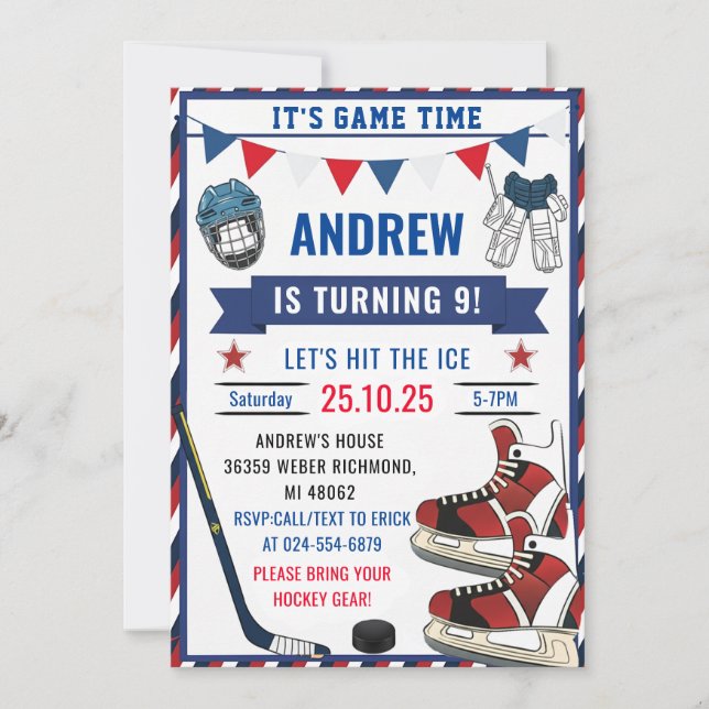 Convite Personalize Ice Hockey Birthday Sports Party  (Frente)