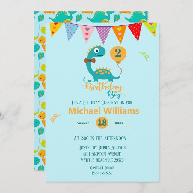 Convite Personalize seu menino de aniversário Dino da Idad (Frente/Verso)