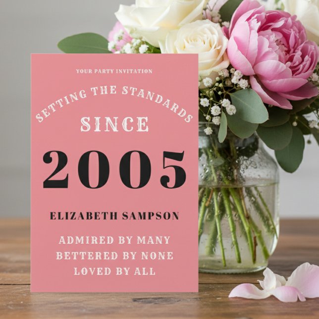 Convite Personalized 21st Birthday 2005 Add Your Name Pink (2005 birthday invitation on a table with flowers.)