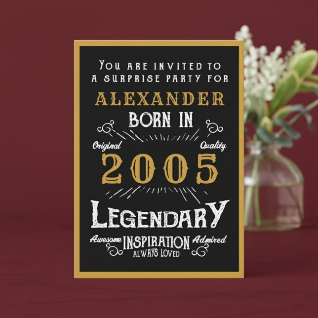 Convite Personalized 21st Birthday 2005 Black Gold Legend (2005 birthday invitation. Red background.)