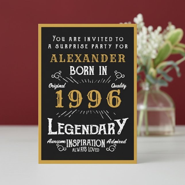 Convite Personalized 30th Birthday 1996 Black Gold Legend (1996 birthday invitation. White and red background.)