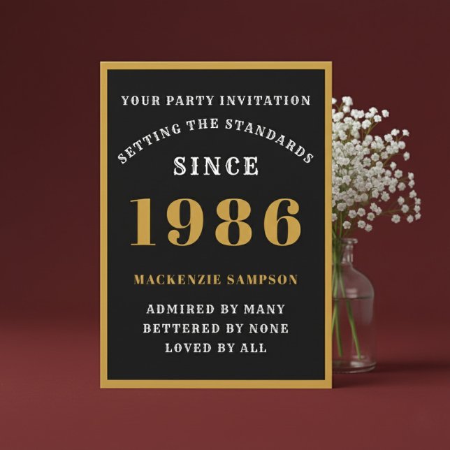Convite Personalized 40th Birthday 1986 Elegant Black Gold (1986 birthday invitation. Red background.)