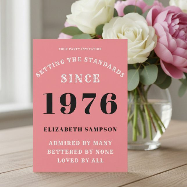 Convite Personalized 50th Birthday 1976 Add Your Name Pink (1976 pink birthday invitation on a table with flowers.)