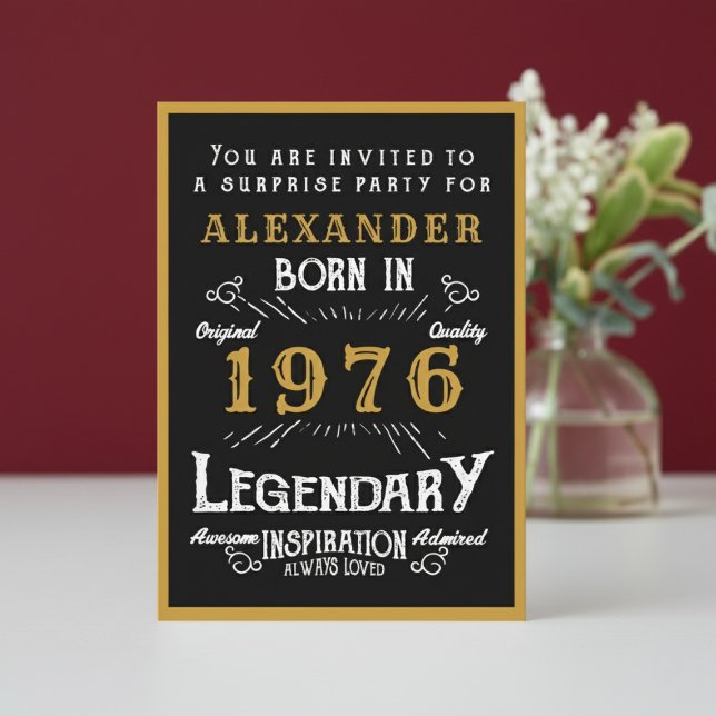 Convite Personalized 50th Birthday 1976 Black Gold Legend (1976 birthday invitation. White and red background.)