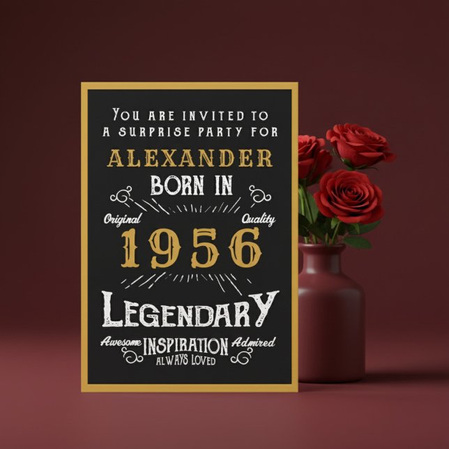 Convite Personalized 70th Birthday 1956 Black Gold Legend (1956 birthday invitation. Red background.)
