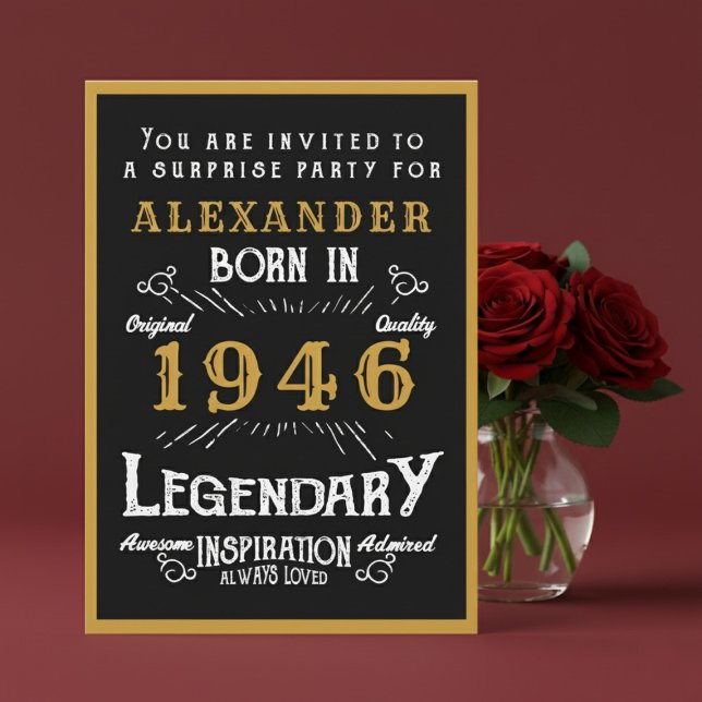 Convite Personalized 80th Birthday 1946 Black Gold Legend (1946 birthday invitation. Red background.)