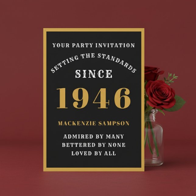 Convite Personalized 80th Birthday 1946 Elegant Black Gold (1946 birthday invitation. Red background.)