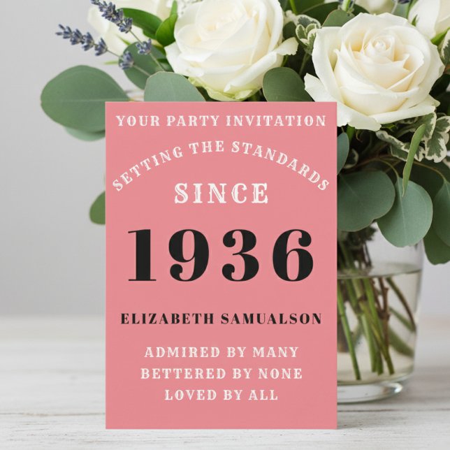Convite Personalized 90th Birthday 1936 Add Your Name Pink (Born 1936 Pink Party invite on a table with flowers. )