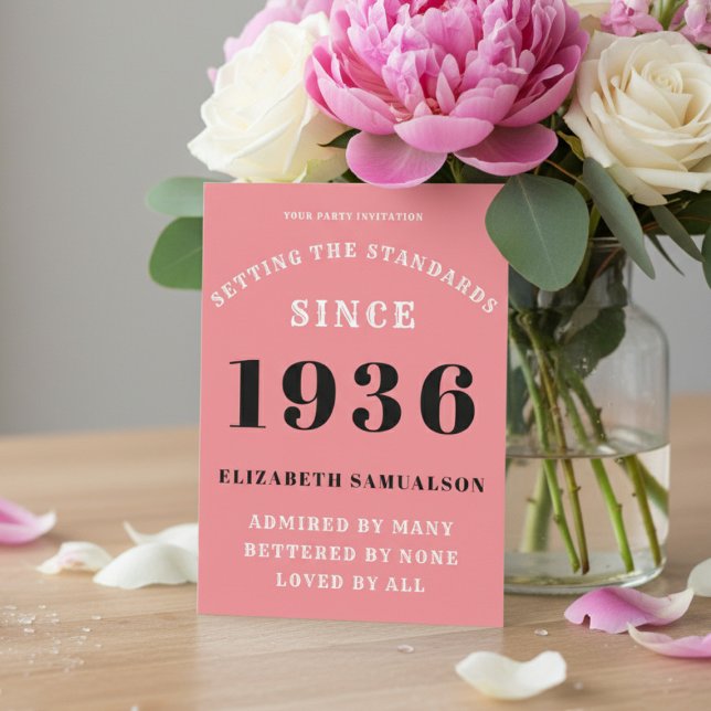 Convite Personalized 90th Birthday 1936 Add Your Name Pink (1936 pink birthday invitation on a table with flowers)