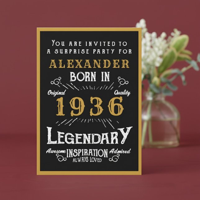 Convite Personalized 90th Birthday 1936 Black Gold Legend (1936 birthday invitation. Red background.)