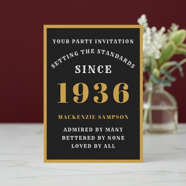 Convite Personalized 90th Birthday 1936 Elegant Black Gold (1936 birthday invitation. Marble table top, red wall background.)