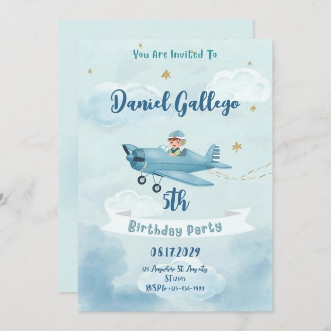 Convite Personalized Airplane Boy Birthday Invitation (Frente/Verso)