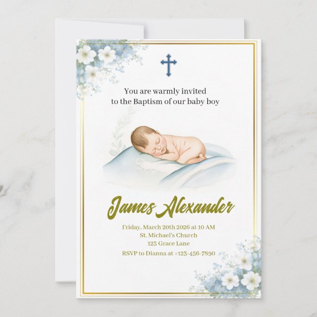 Convite Personalized Baptism Ceremony Baby Boy  (Frente)