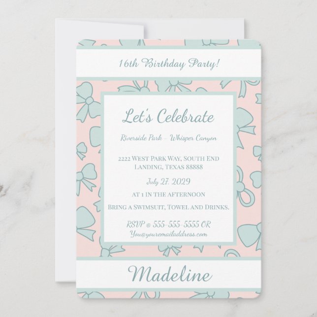Convite Personalized Birthday Blue Bow Sweet Invitation (Frente)