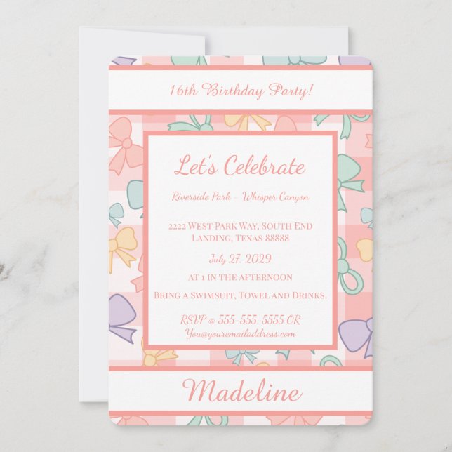 Convite Personalized Birthday Bow Gingham Sweet Invitation (Frente)