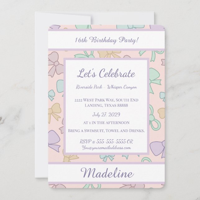 Convite Personalized Birthday Bow Pastel Sweet Invitation (Frente)