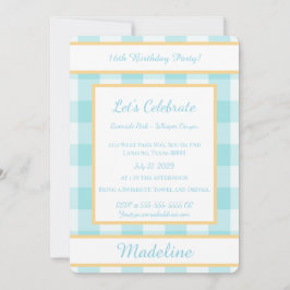 Convite Personalized Birthday Gingham Blue Invitation