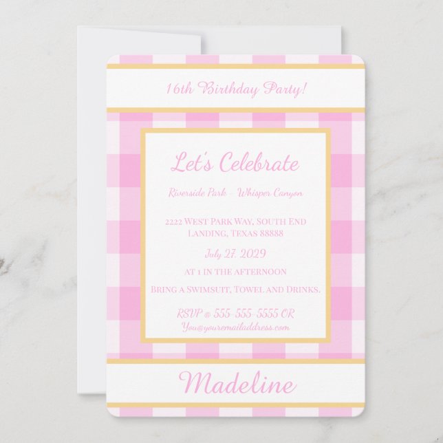 Convite Personalized Birthday Gingham Pink Invitation (Frente)