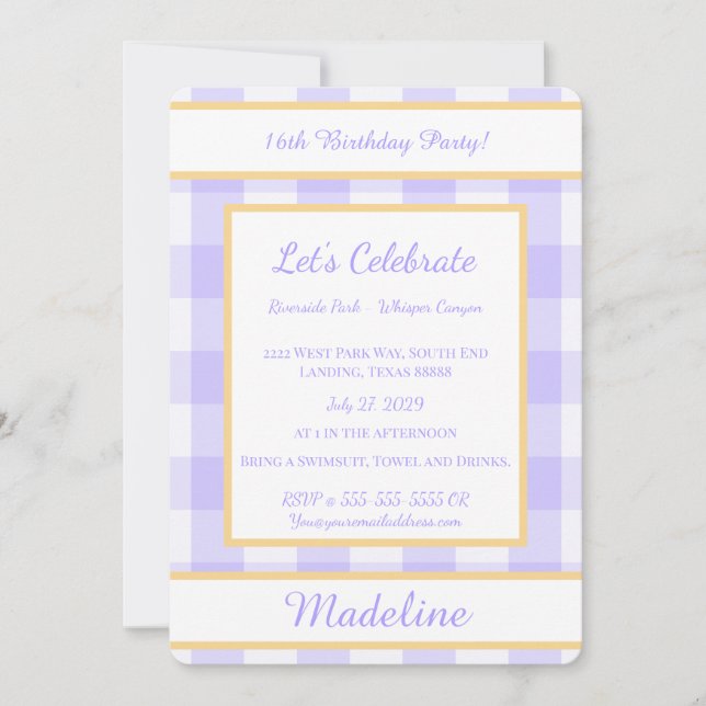 Convite Personalized Birthday Gingham Purple Invitation (Frente)