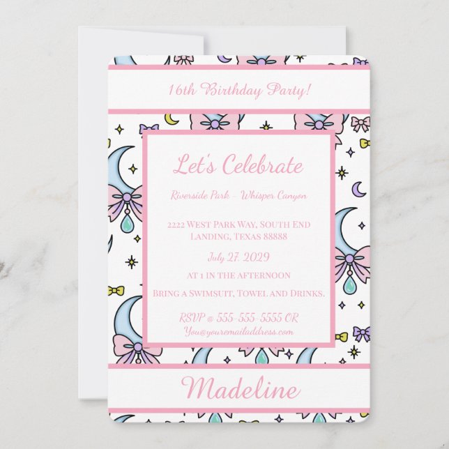 Convite Personalized Birthday Pink Bow Sweet Invitation (Frente)