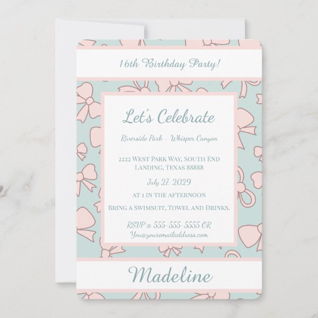 Convite Personalized Birthday Pink Bow Sweet Invitation (Frente)