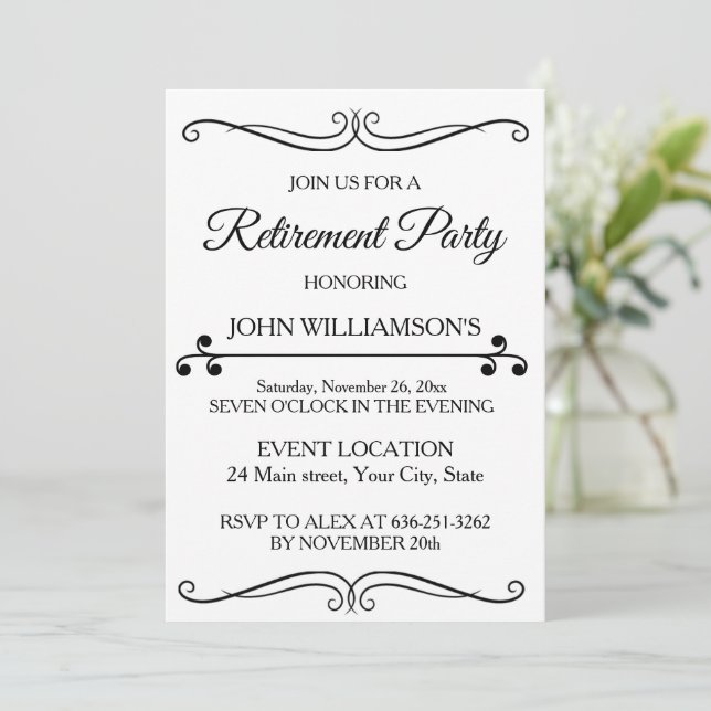Convite Personalized black elegant retirement party  (Em pé/Frente)