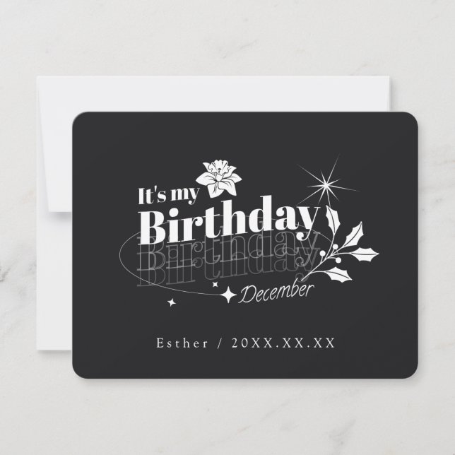 Convite Personalized Black Quote Floral December Birthday (Frente)