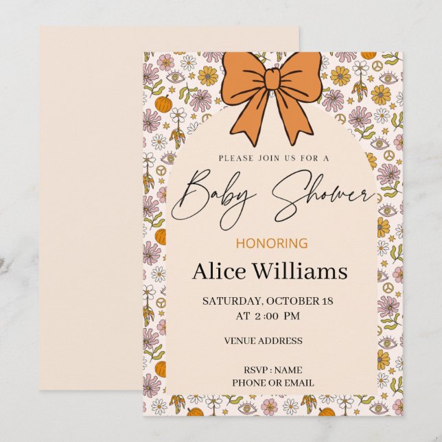 Convite Personalized Boho Floral Bow Baby Shower Invite (Frente/Verso)