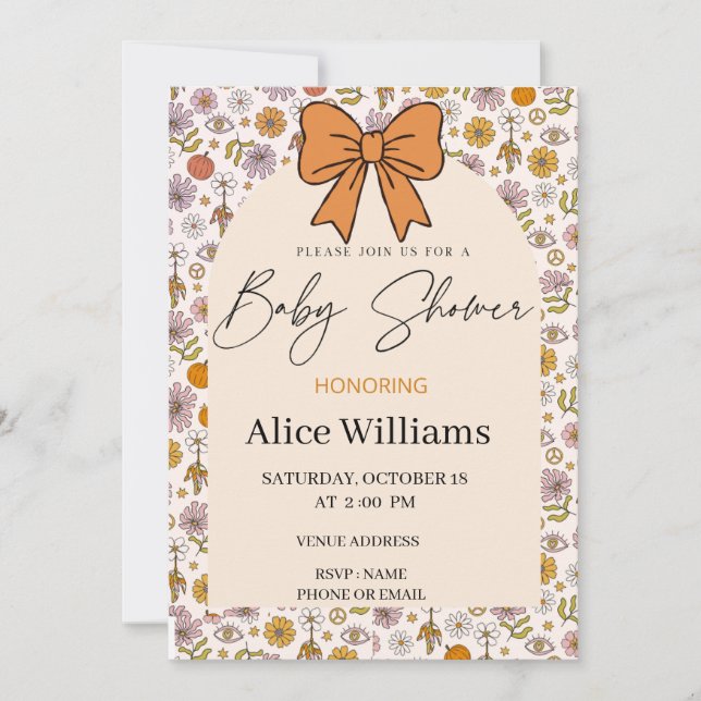 Convite Personalized Boho Floral Bow Baby Shower Invite (Frente)
