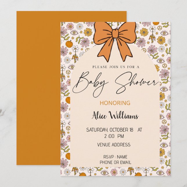 Convite Personalized Boho Floral Bow Baby Shower Invite (Frente/Verso)