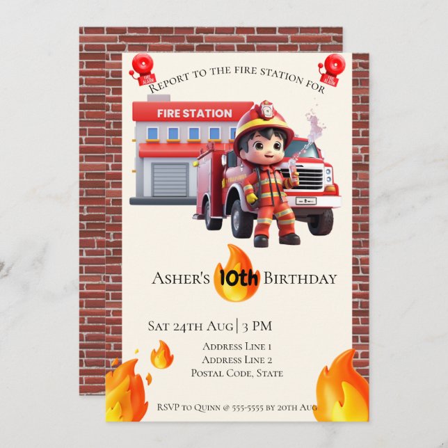 Convite Personalized Cute 3D Fire Fighter Boy Birthday  (Frente/Verso)