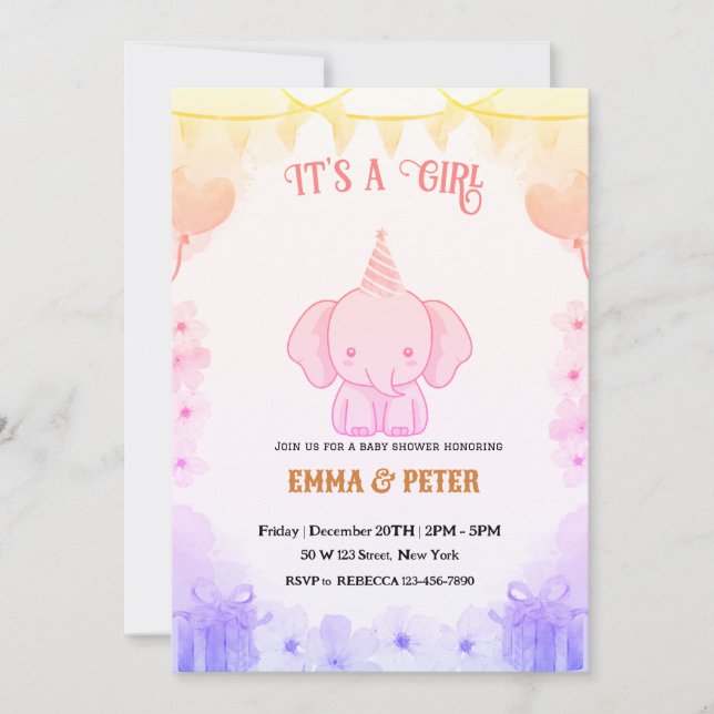Convite Personalized Cute Elephant Pink Baby Shower (Frente)