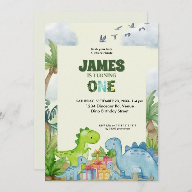 Convite Personalized Dinosaur 1st Birthday Invitation (Frente/Verso)