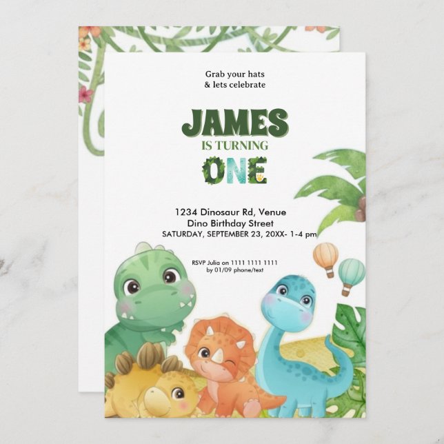 Convite Personalized Dinosaur 1st Birthday Invitation  (Frente/Verso)