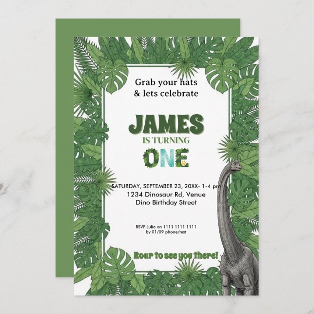 Convite Personalized Dinosaur 1st Birthday Invitations (Frente/Verso)