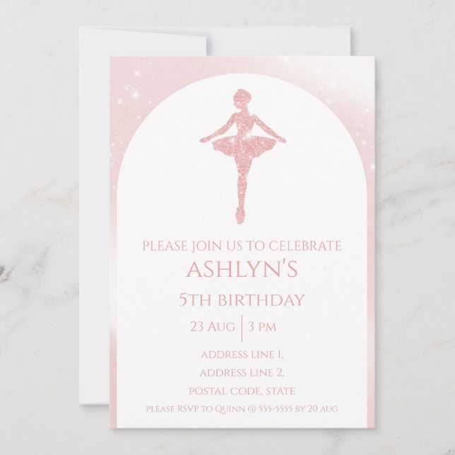 Convite Personalized Elegant Pink Glitter Ballet Birthday (Frente)