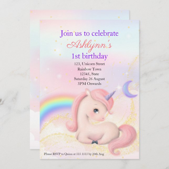 Convite Personalized Elegant Pink Watercolour Unicorn (Frente/Verso)